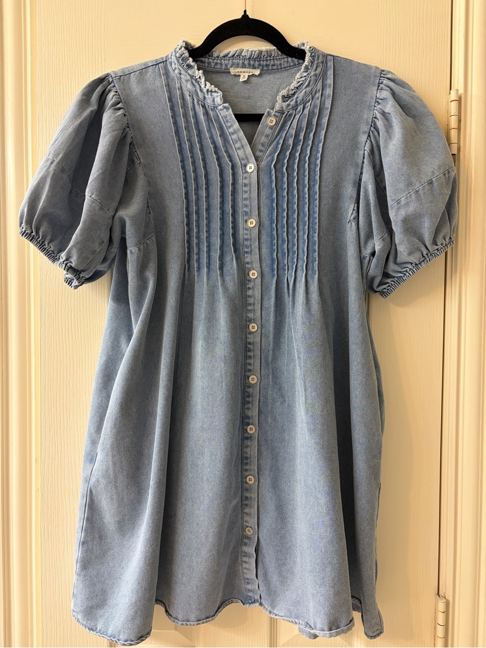 Denim Chambray Puff Sleeve Mini Dress Cottagecore Button Front Pockets Size M